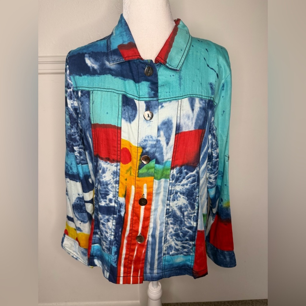 Parsley & Sage Multicolor Abstract Jean Jacket in Turquoise, Blue & Red Size L